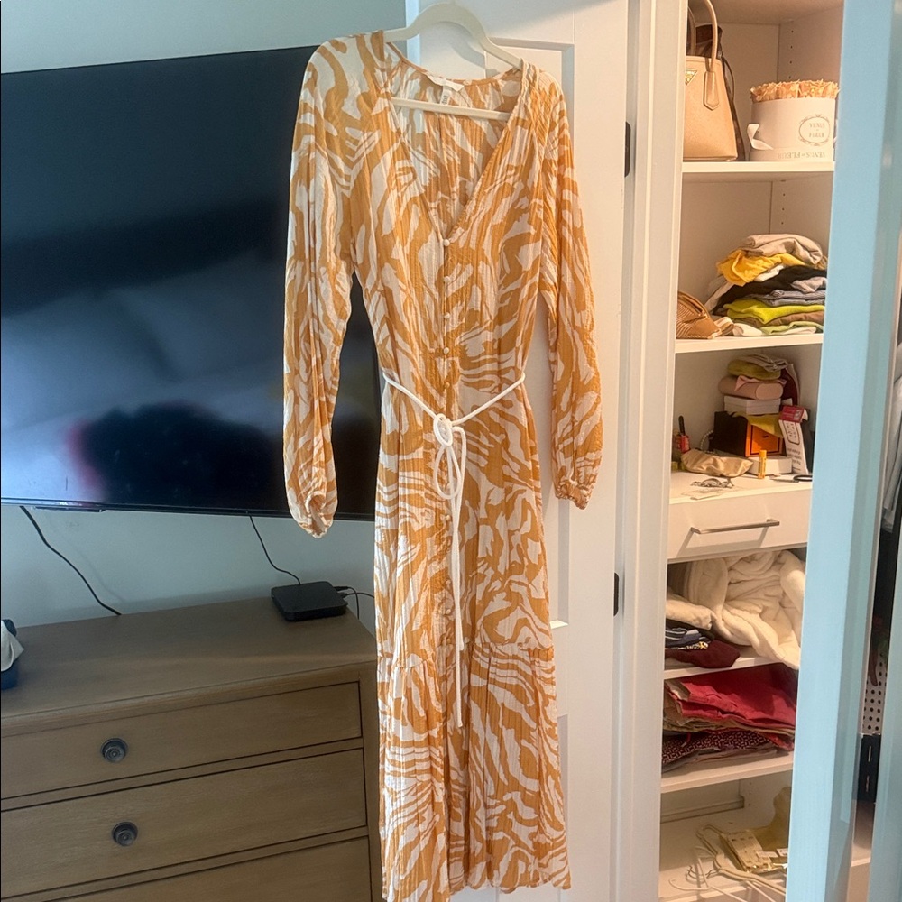 H&M Mustard and White Printed Long Sleeve Maxi Dress with Waist Tie